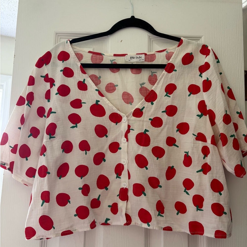 Vintage Red Apple Print Button-Up Blouse